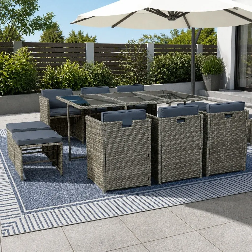 11-Piece Outdoor Wicker Dining Set with Grey Cushions