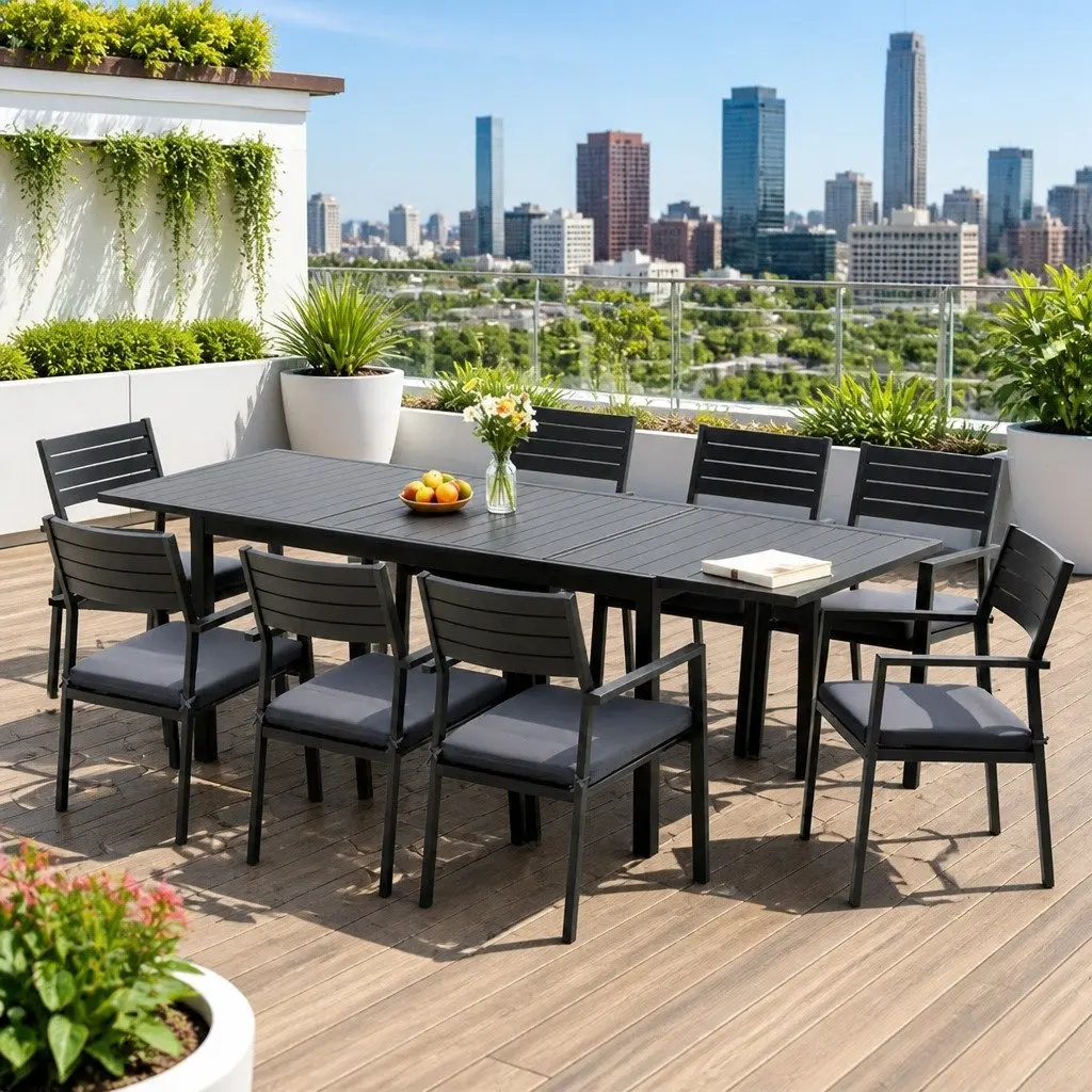 9-Piece Black Outdoor Dining Set with Extendable Table