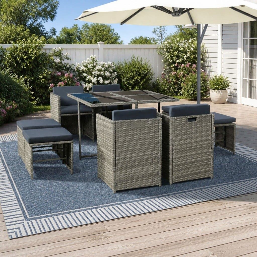 9-Piece Wicker Outdoor Dining Set with Storage Cover