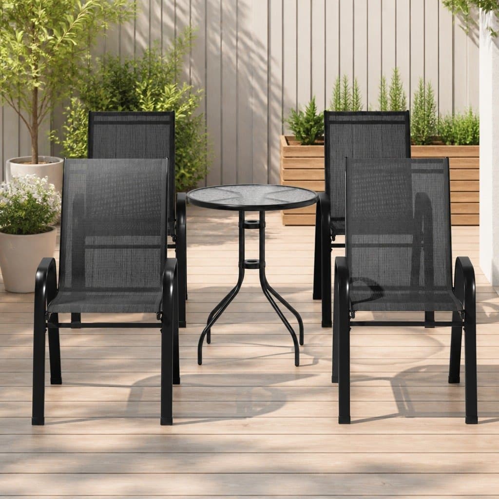 5PC Bistro Set with Stackable Chairs and Glass Table