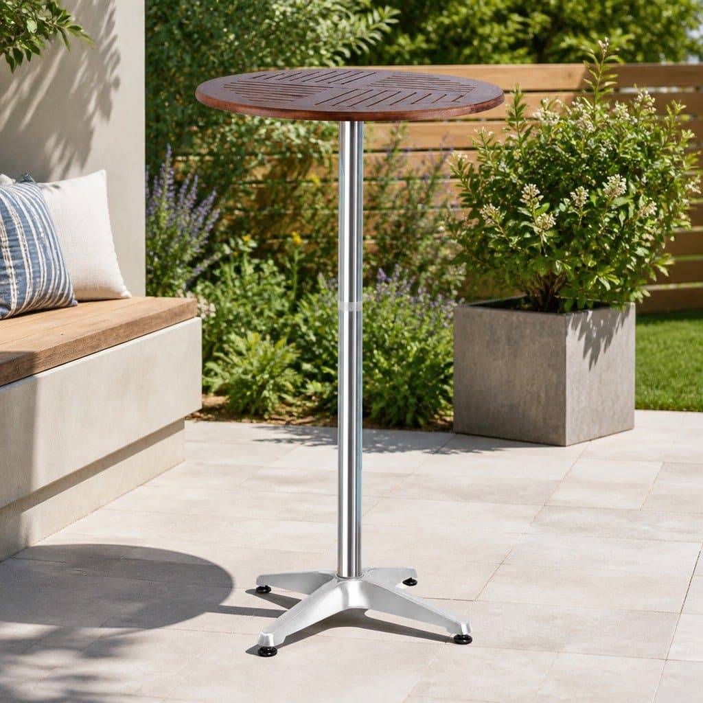 Round Adjustable Height Outdoor Bar Table with Hardwood Top