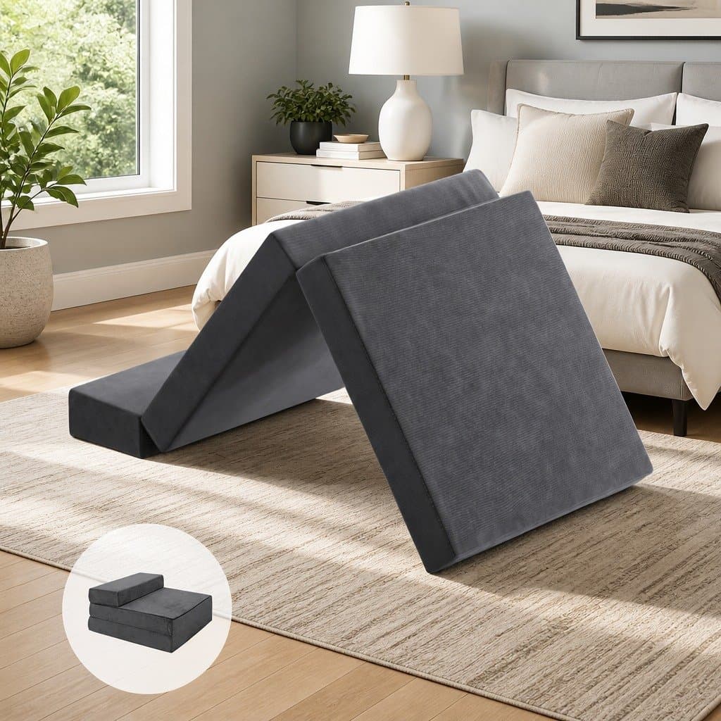 Grey Velvet Foldable Foam Mattress for Bed or Chair