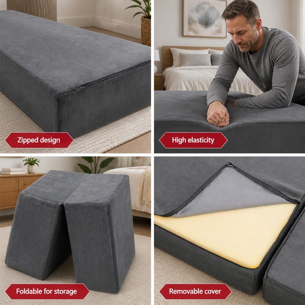 Grey Velvet Foldable Foam Mattress for Bed or Chair