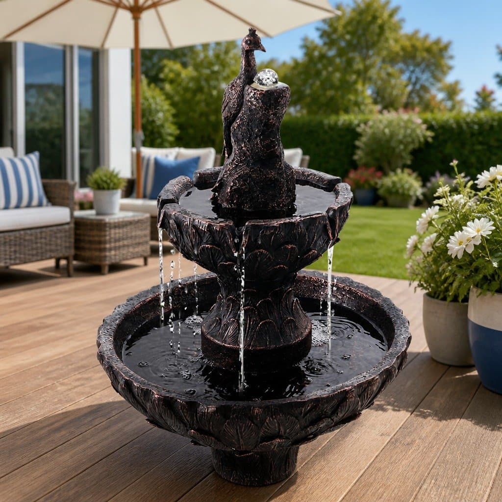 Solar Water Feature Tier Fountain Bird Bath Garden 106CM Peacock Brown Outdoor