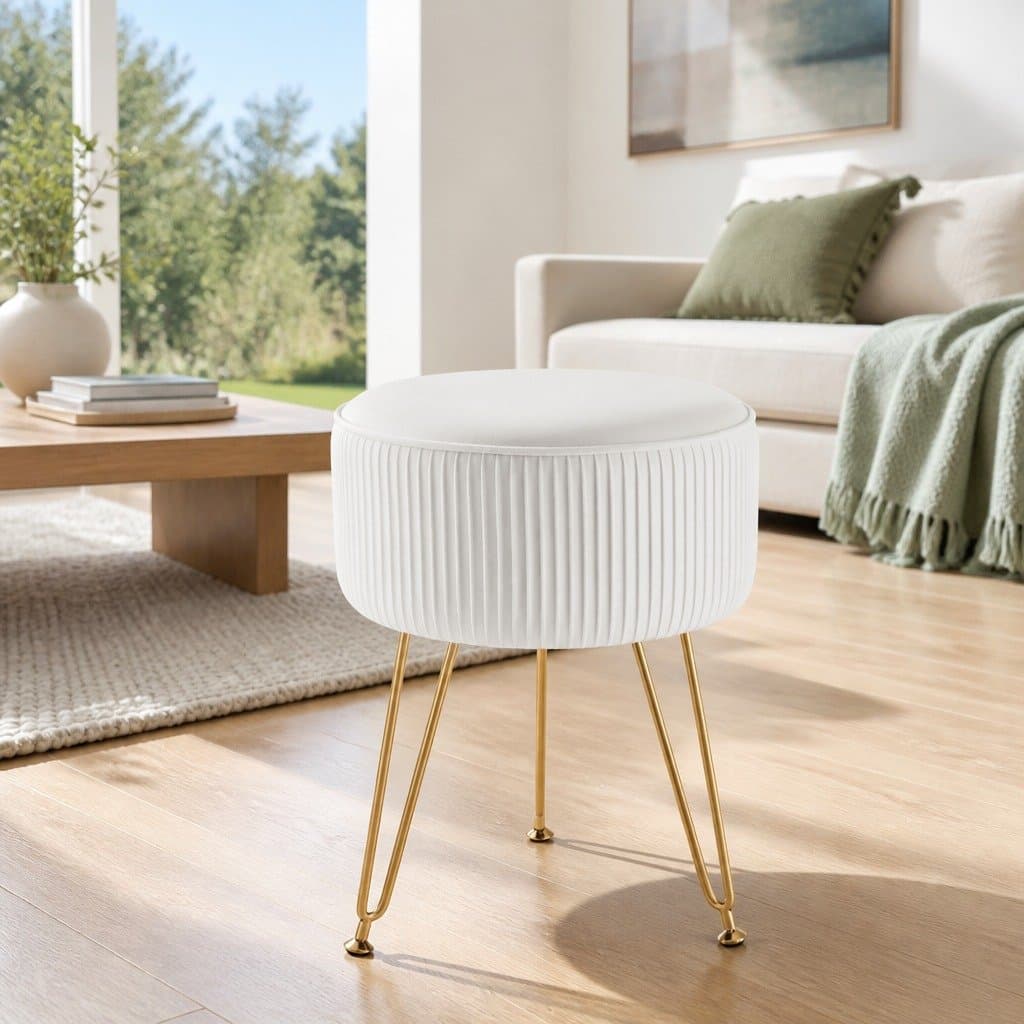 White Round Velvet Stripe Ottoman Footstool for Living Rooms