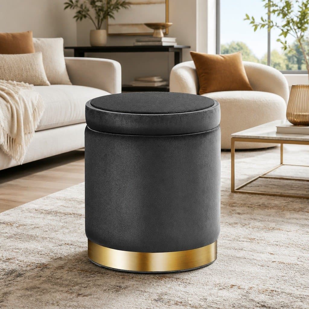 Charcoal Grey Velvet Round Ottoman with Storage