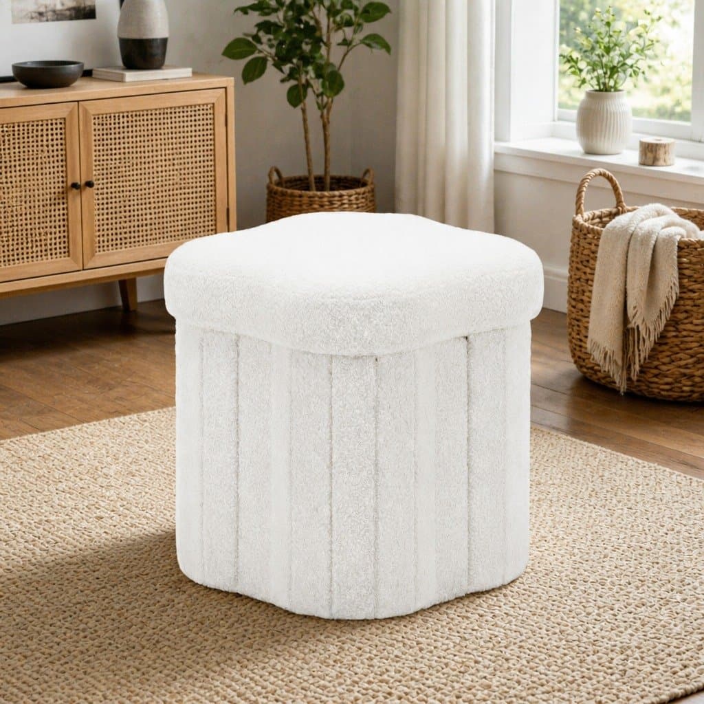 White Boucle Storage Ottoman Foot Stool