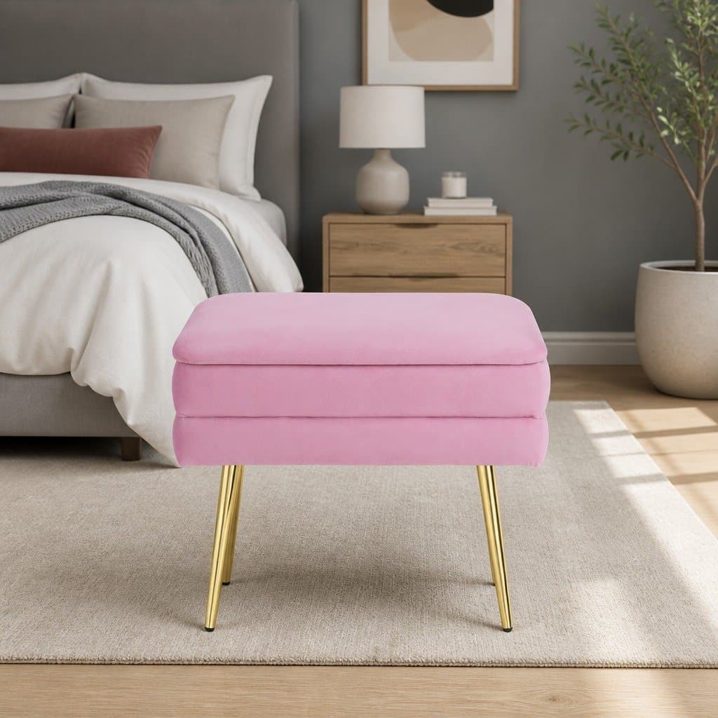 Pink Velvet Ottoman Storage Foot Stool with Metal Legs
