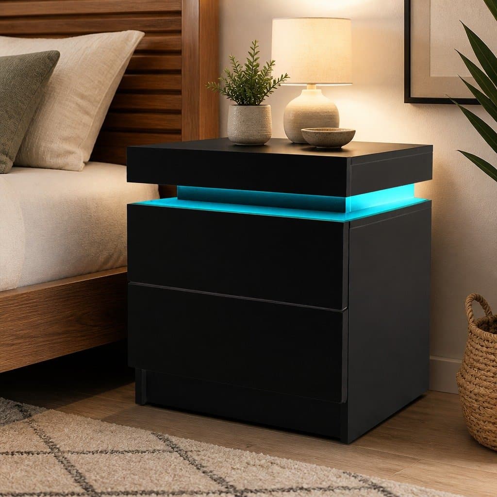 Black Bedside Table with LED Lighting and Storage