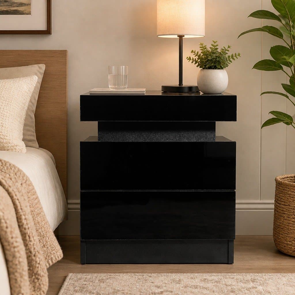 Black Bedside Table with LED Lighting and Storage