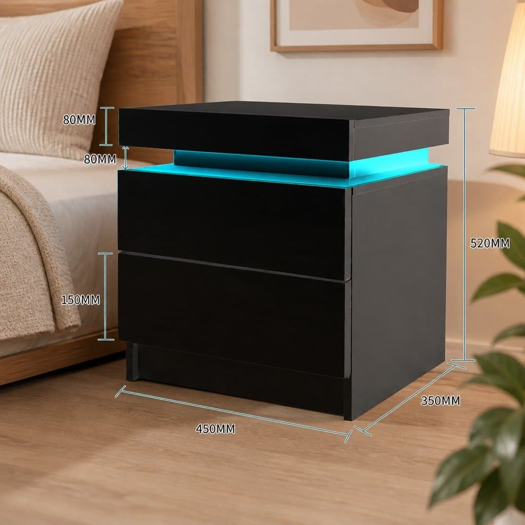 Black Bedside Table with LED Lighting and Storage