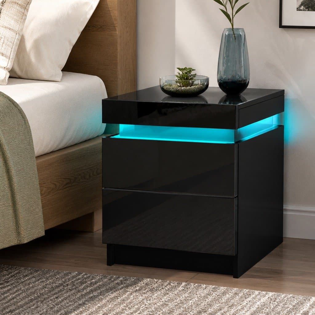 Black Bedside Table with LED Lighting and Storage