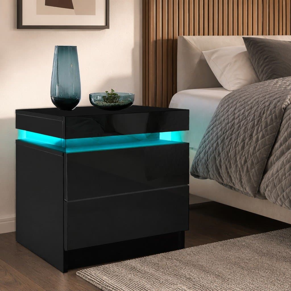 Black Bedside Table with LED Lighting and Storage