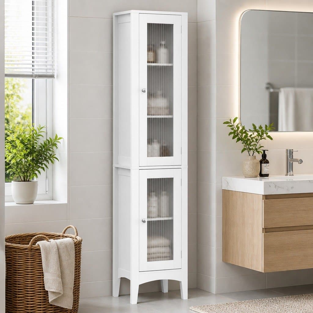 160cm Tall Slim Floor Cabinet with Glass Doors