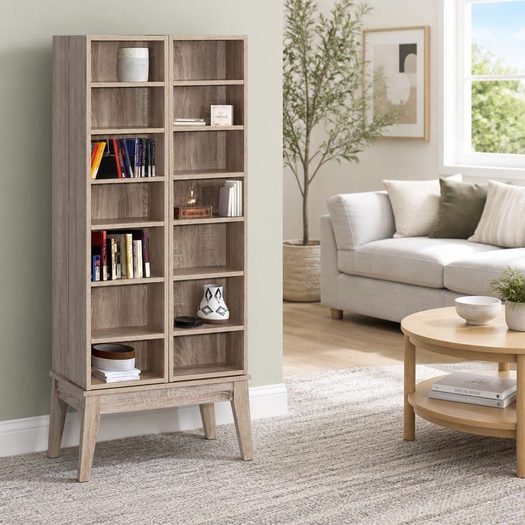 Adjustable Oak Bookshelf Media Storage Rack with 14 Shelves