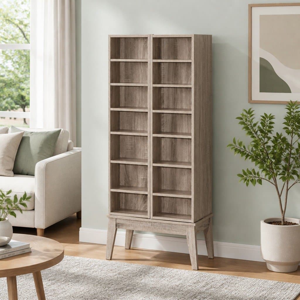 Adjustable Oak Bookshelf Media Storage Rack with 14 Shelves