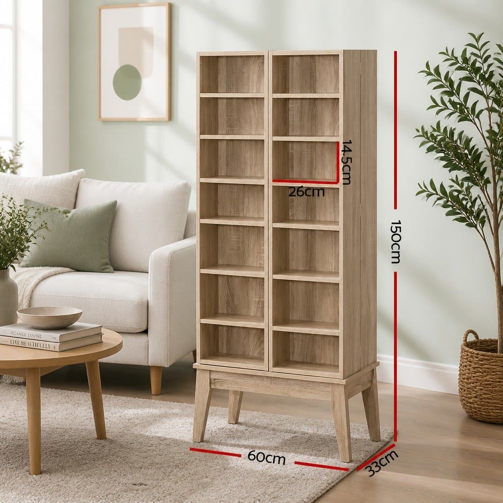 Adjustable Oak Bookshelf Media Storage Rack with 14 Shelves