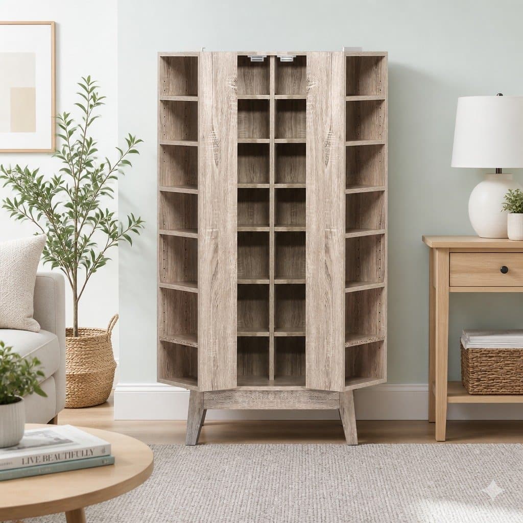 Adjustable Oak Bookshelf Media Storage Rack with 14 Shelves