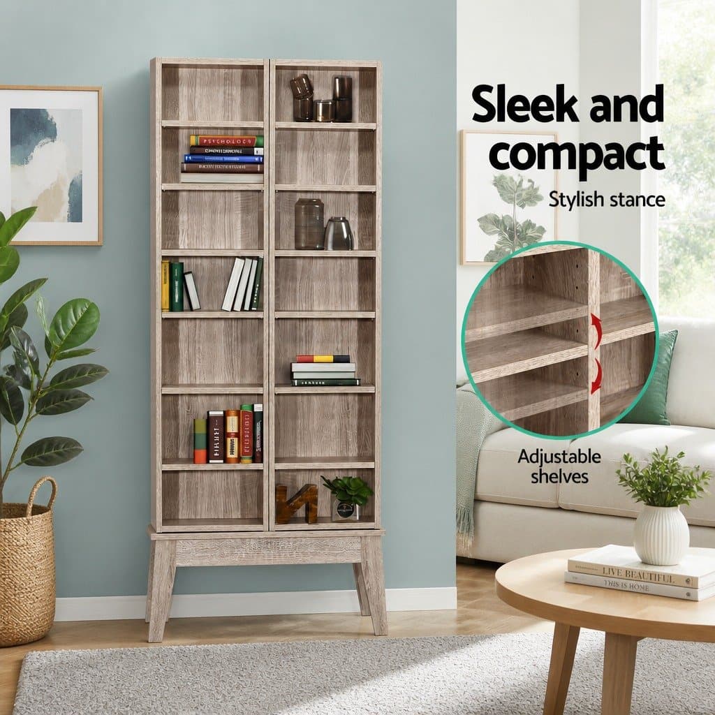 Adjustable Oak Bookshelf Media Storage Rack with 14 Shelves
