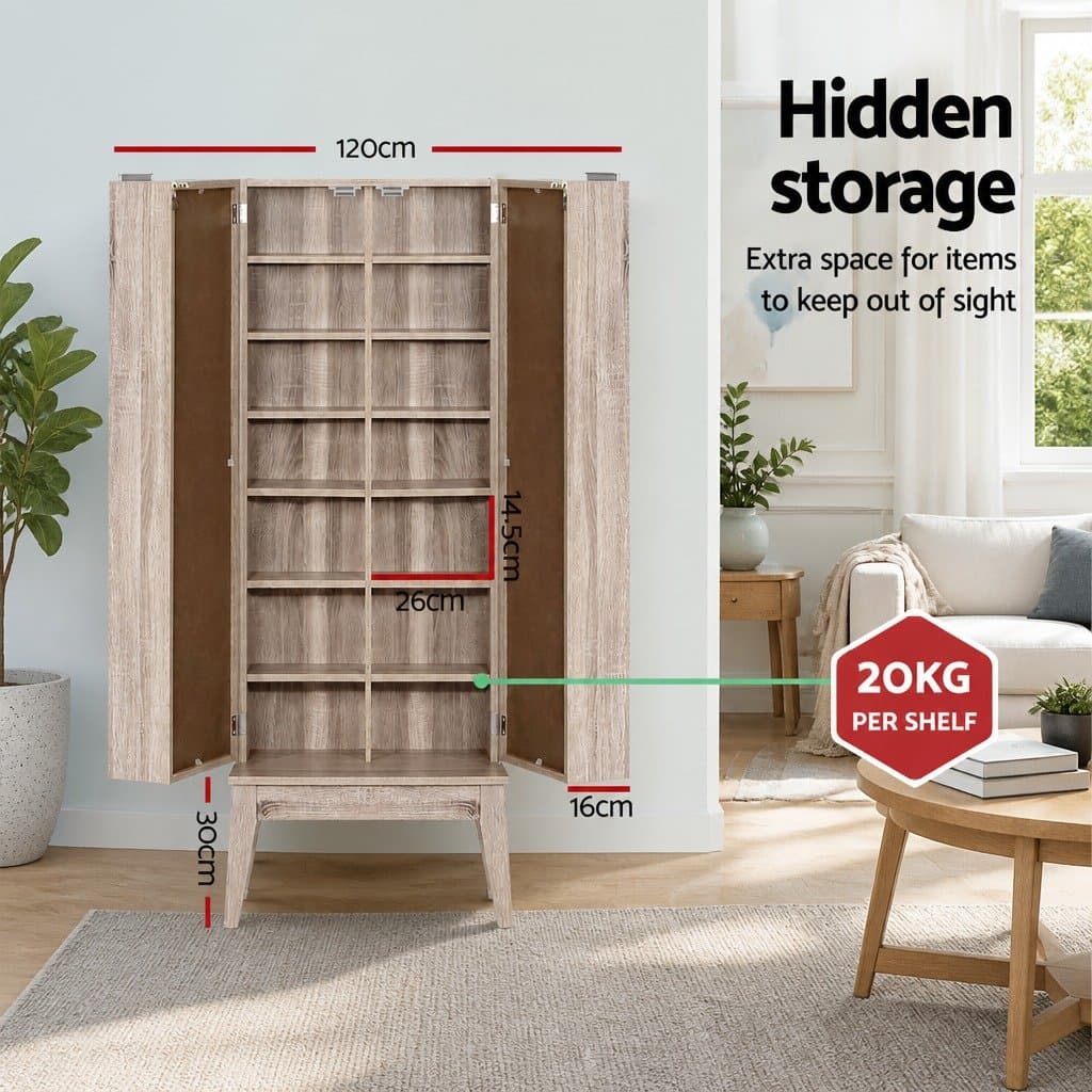 Adjustable Oak Bookshelf Media Storage Rack with 14 Shelves