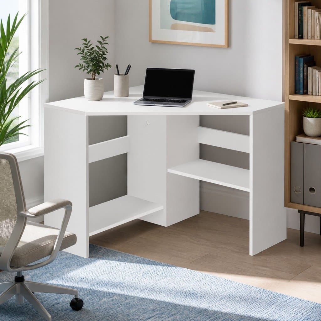 L-Shape Corner Desk with Shelves in White
