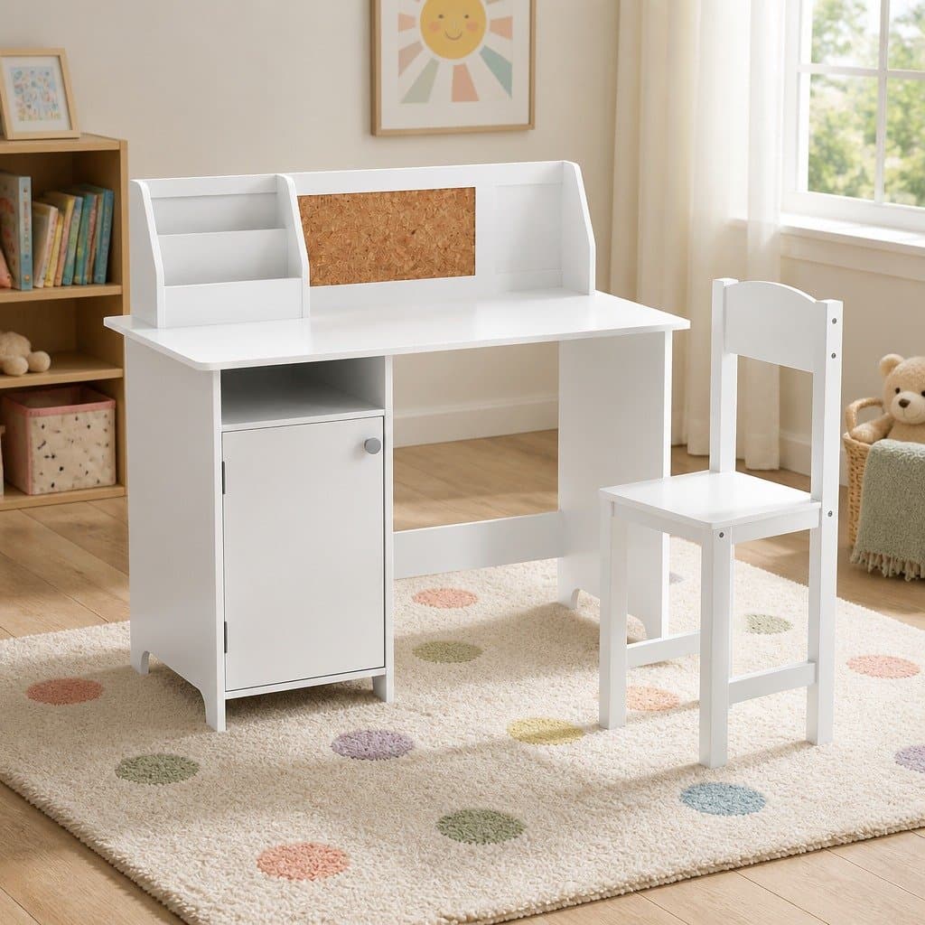 Children's Study Desk and Chair Set with Storage Cabinet