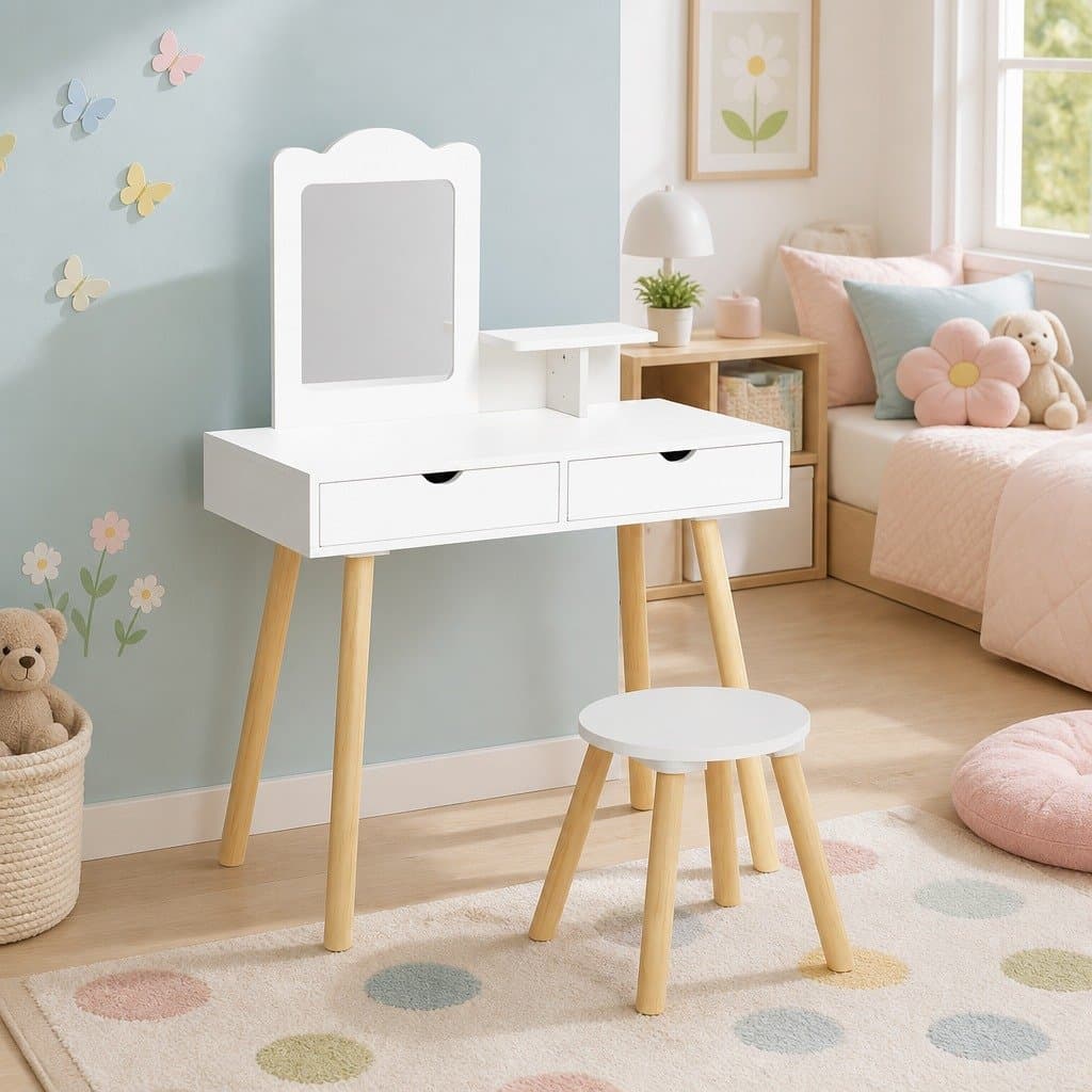 Kids Vanity Set with Mirror and Storage Chair