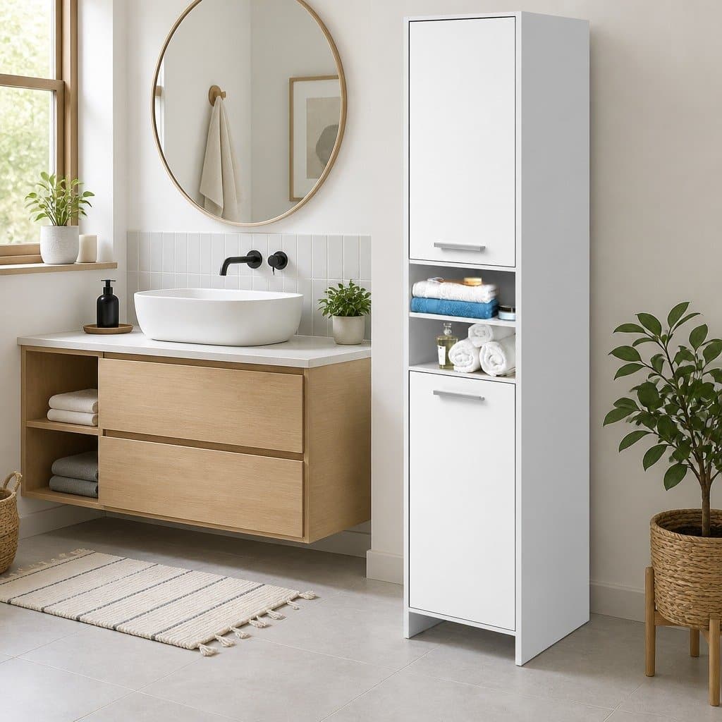 White Tall Storage Cabinet for Bathrooms