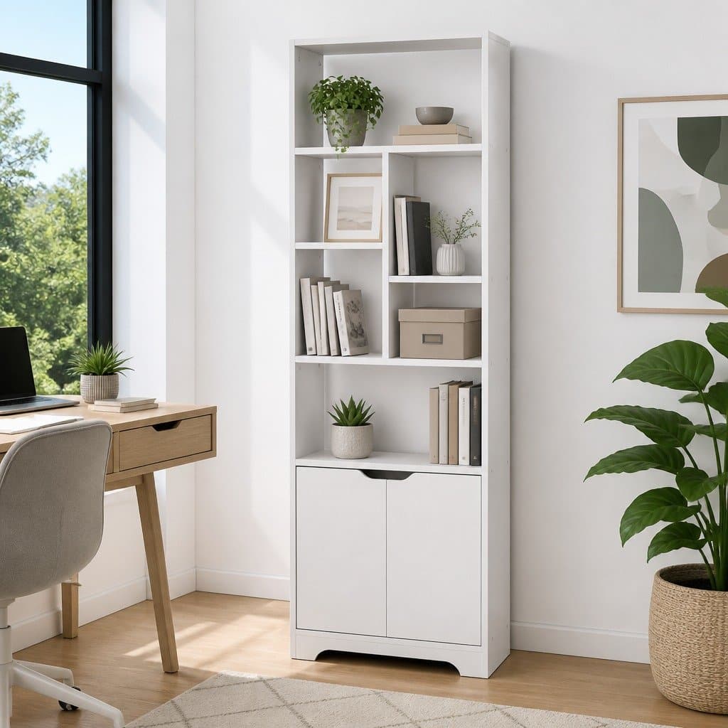 White Bookshelf with Cabinet Display Shelf Bookcase Storage Unit Living Room