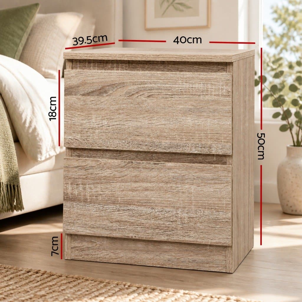 Oak Wood Bedside Table with 2 Drawers