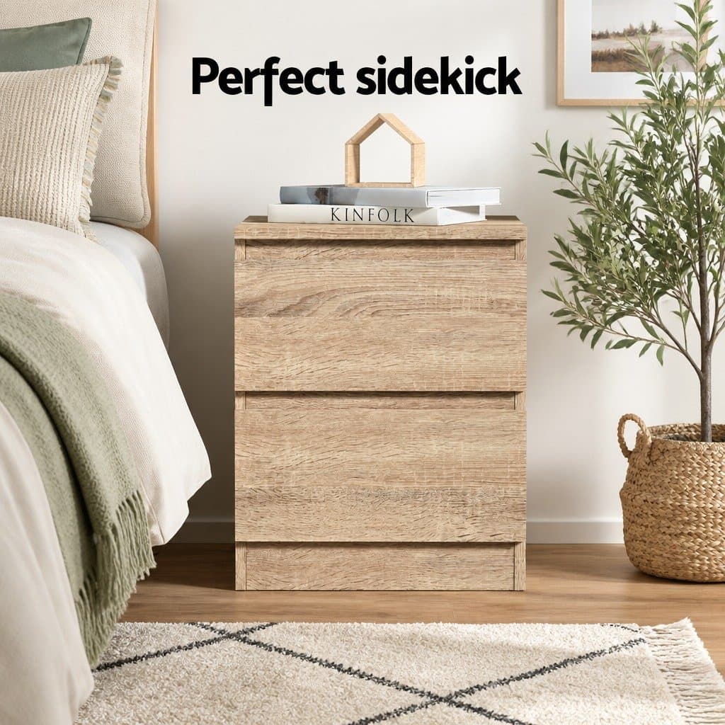 Oak Wood Bedside Table with 2 Drawers