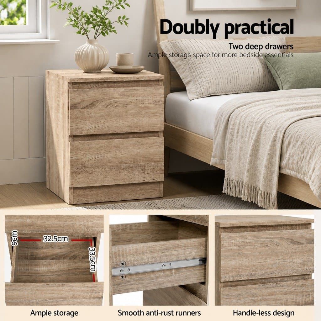 Oak Wood Bedside Table with 2 Drawers