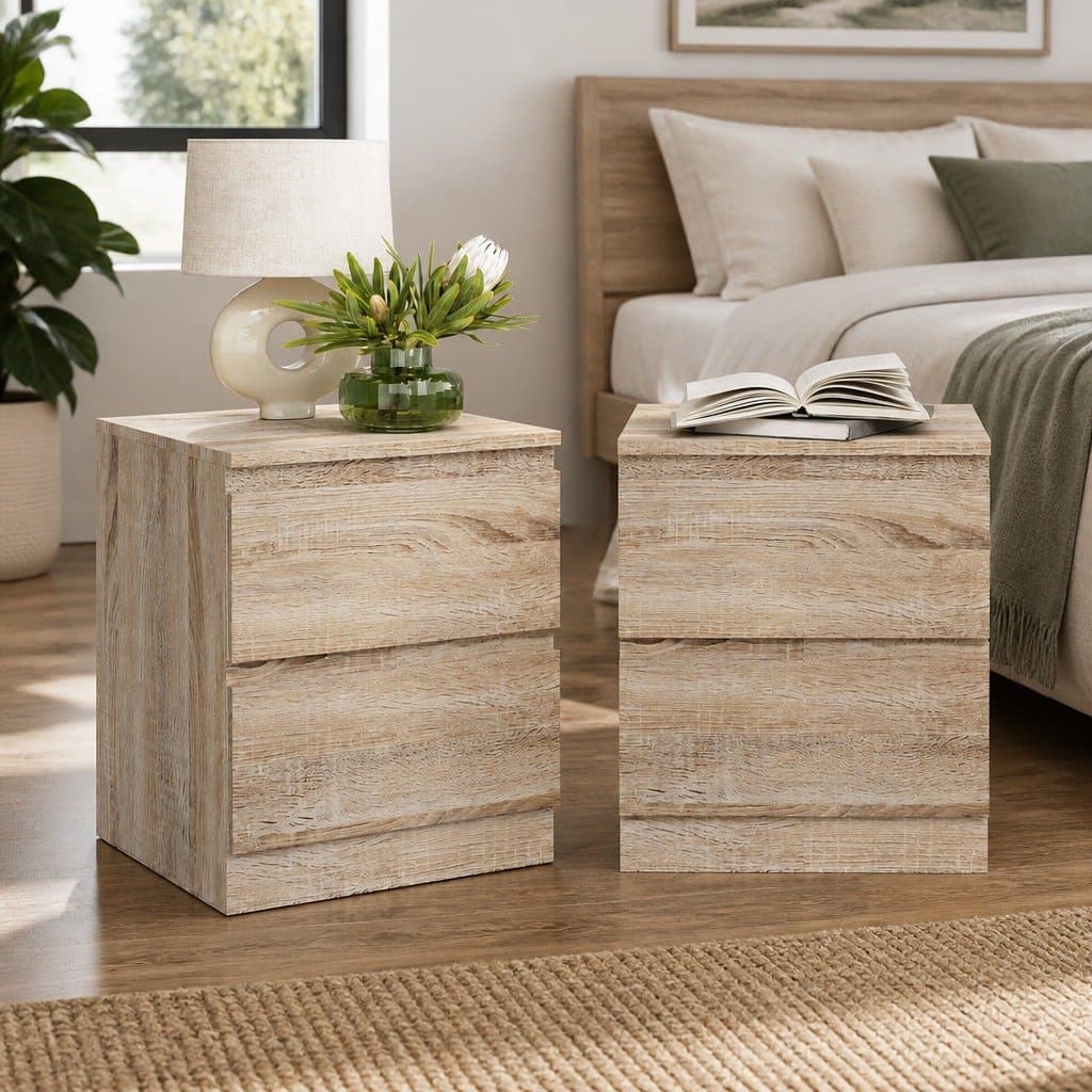 Oak Wood Bedside Table with 2 Drawers