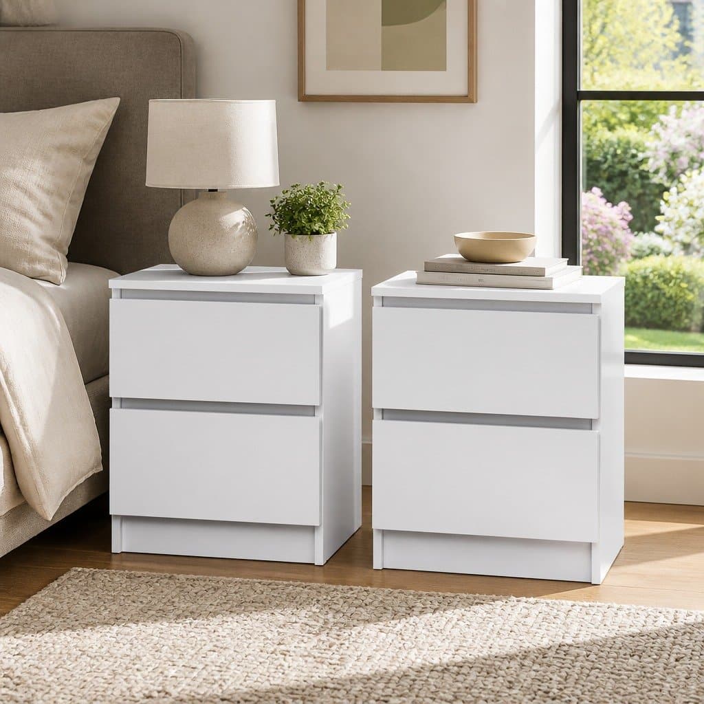White Bedside Table with 2 Spacious Drawers