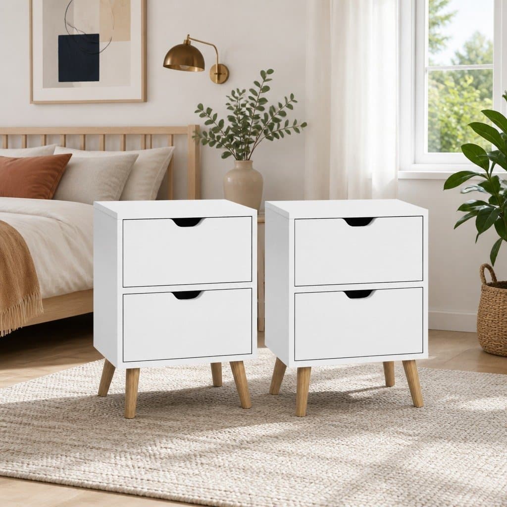 White Bedside Table with 2 Drawers and Splayed Legs