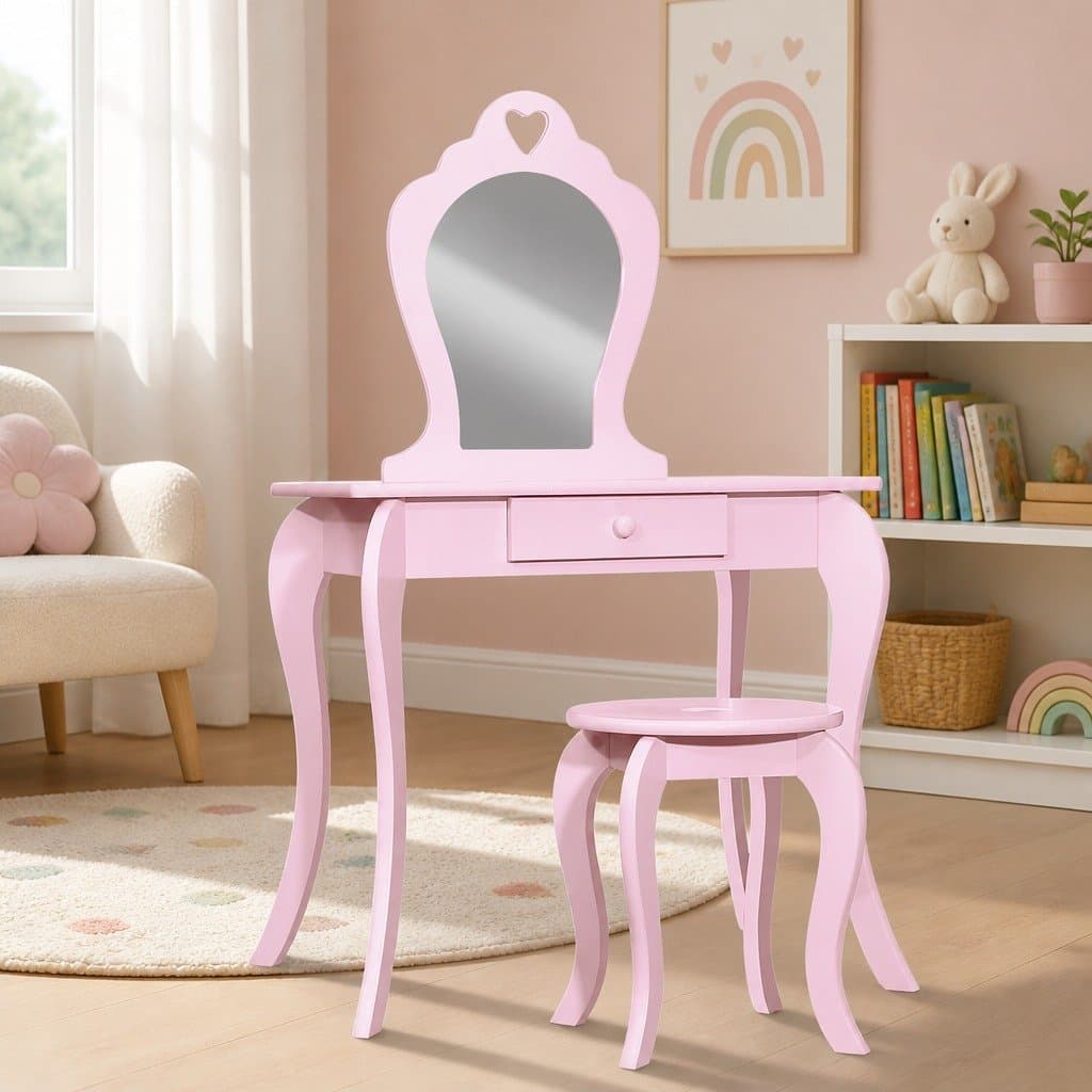 Kids Dressing Table and Stool Set with Mirror