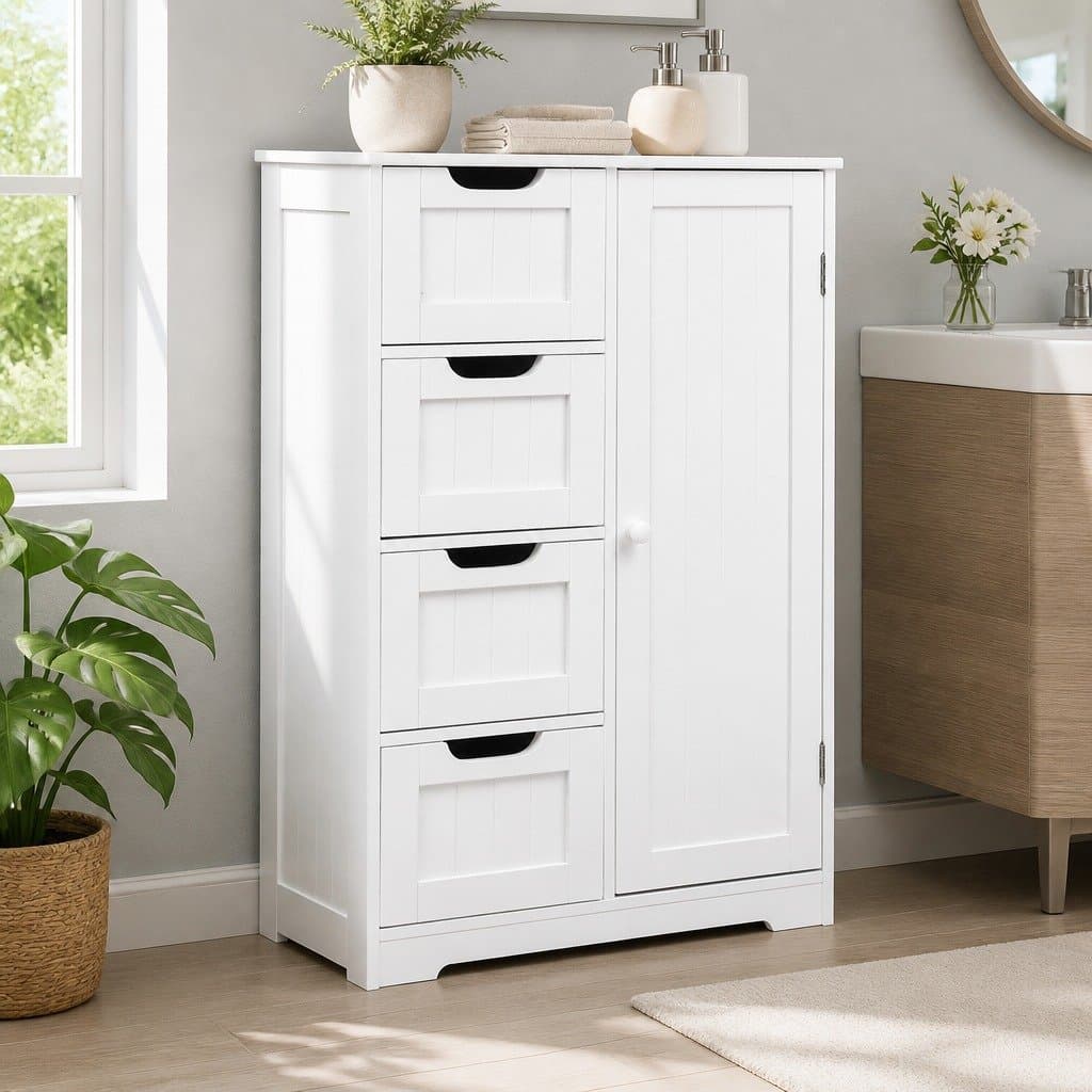 White Bathroom Cabinet with 4 Drawers & 2 Shelves