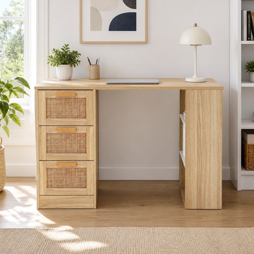 Oak Computer Desk with Storage Drawers and Shelves