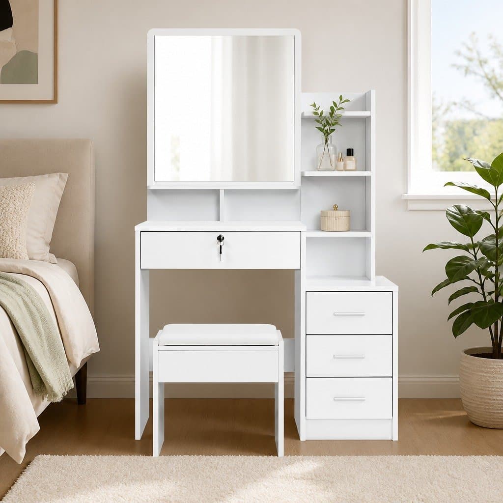 White Dressing Table with Stool and 4 Drawers