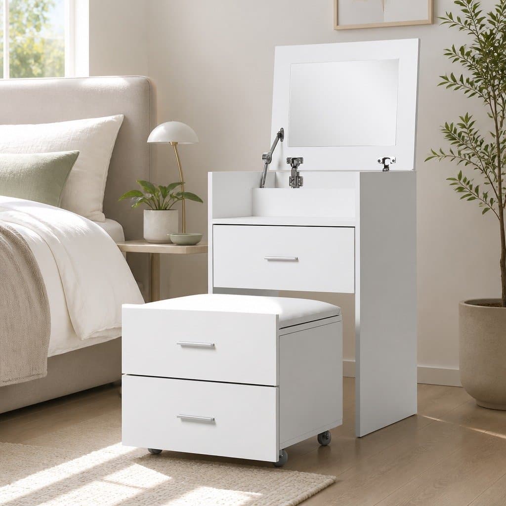 2-in-1 Bedside Dressing Table Stool Set White