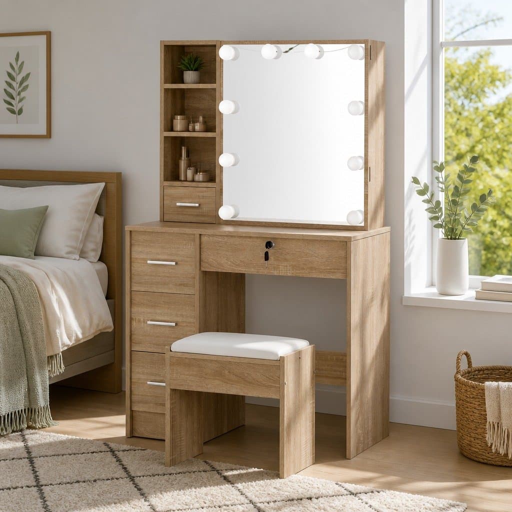 Hollywood Makeup Vanity Set with Stool and LED Bulbs