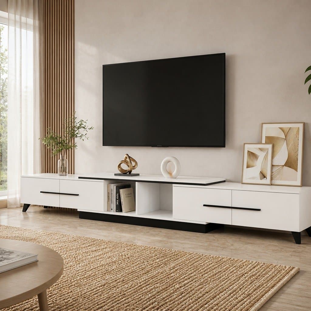 Extendable White TV Cabinet with Storage Drawers 190-260cm