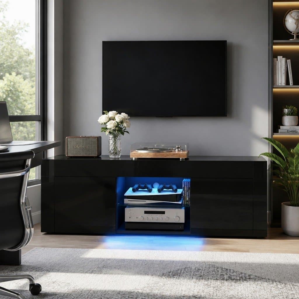 130cm Black TV Cabinet with Customizable RGB LED Lights