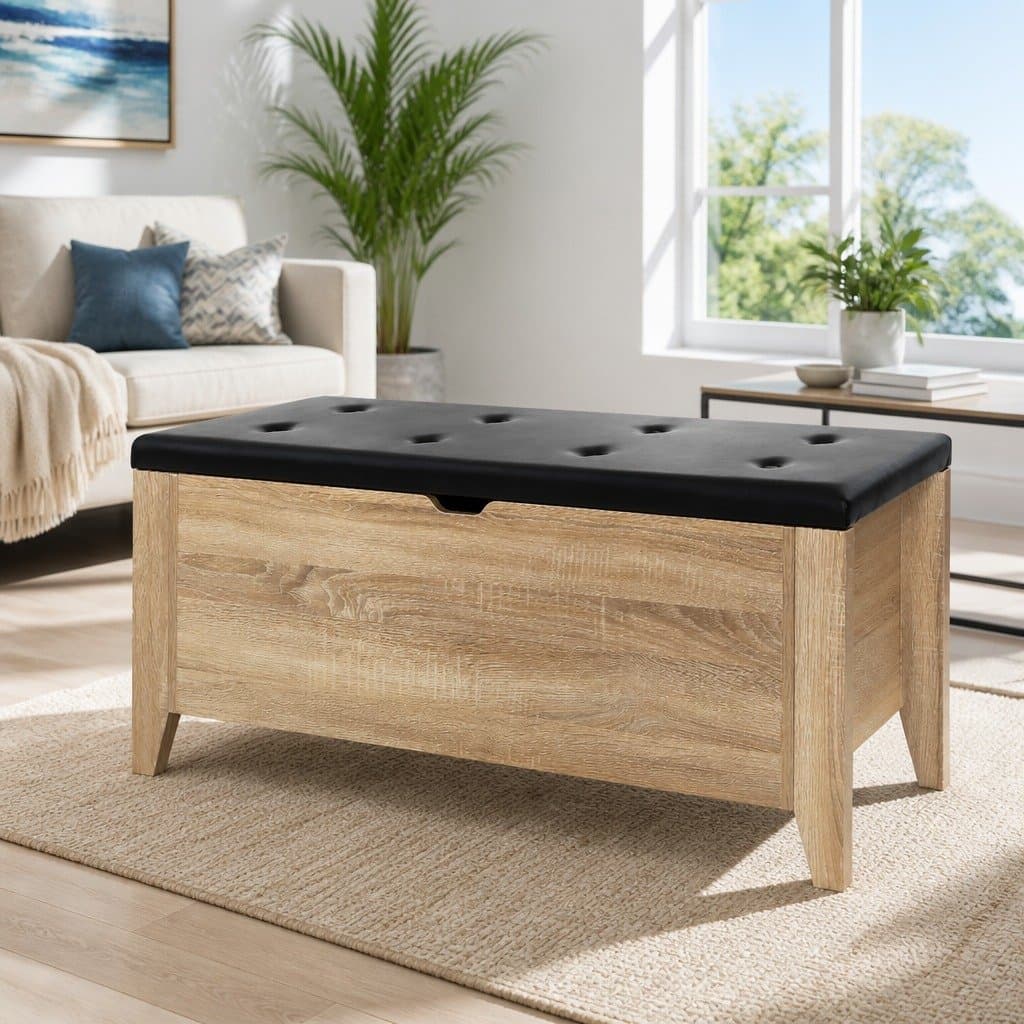 Oak Wooden Frame Storage Ottoman with Tufted Seat