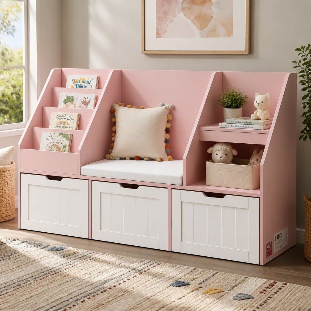 Pink Kids Bookshelf and Storage Bench 140cm