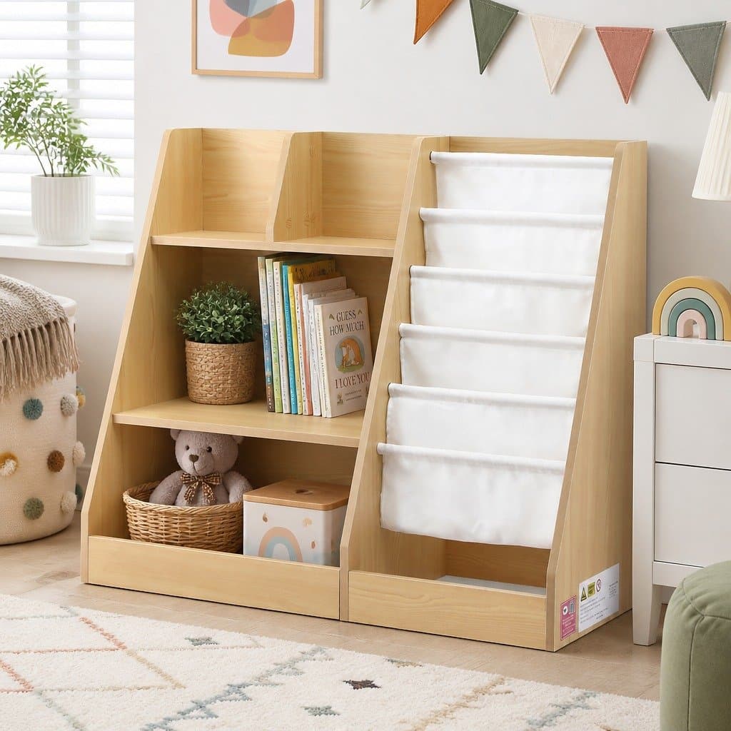 Kids Bookshelf with Sling Pouches and Drawer