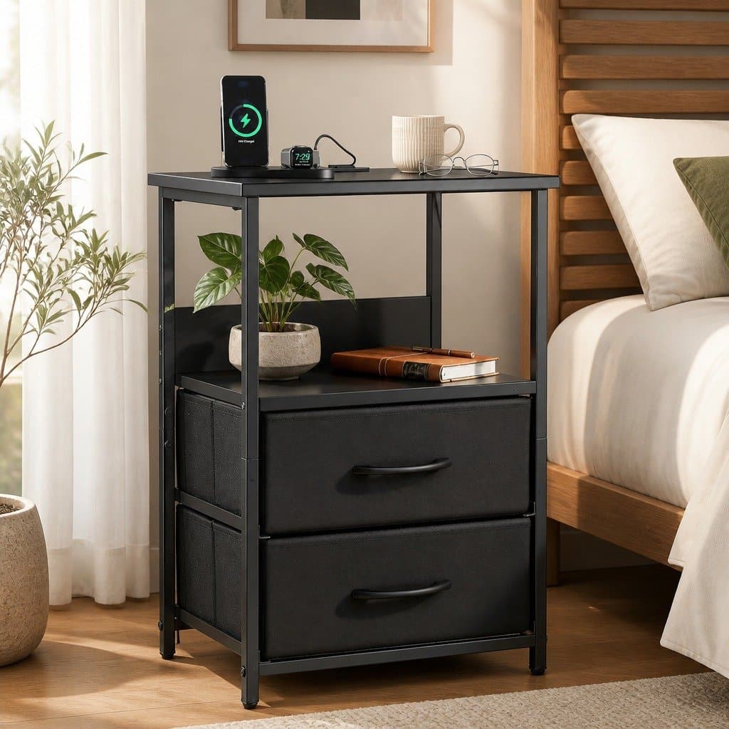 Black LED Nightstand with Charging Station and Drawers