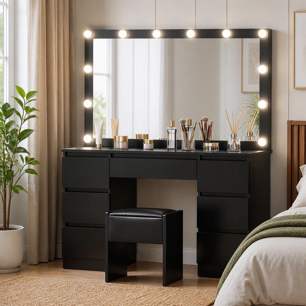 Black Dressing Table Set with LED Bulbs and Stool