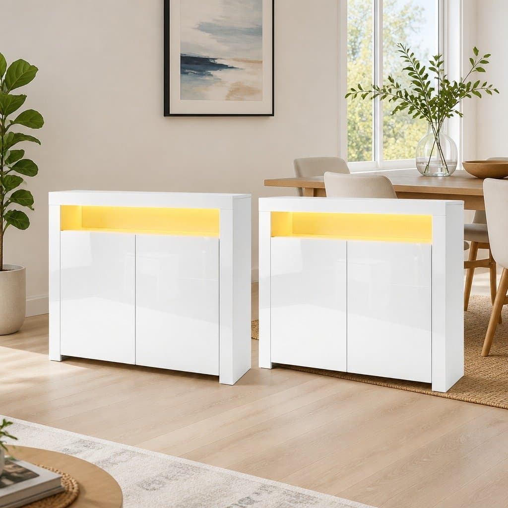 High-Gloss White LED Sideboard Cabinet with Storage