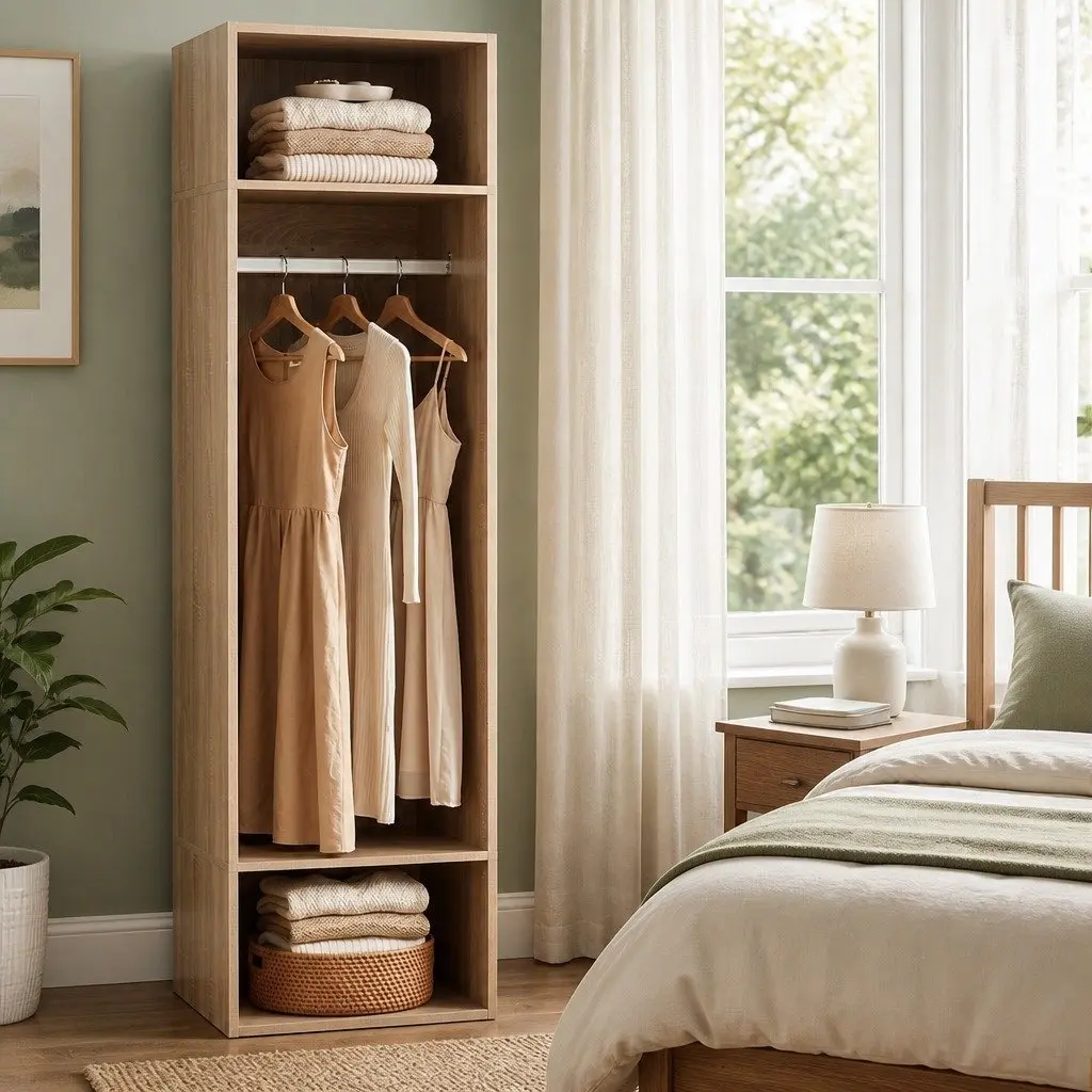 Pine Wardrobe Closet with Open Shelves and Rod